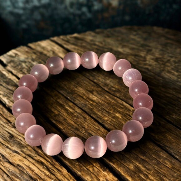 Dusty Rose Cat’s Eye Crystal 10MM Beaded Stretch Bracelet Gemstone Jewelry - Picture 6 of 10